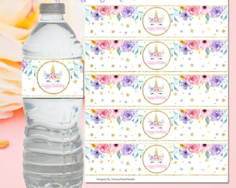 Unicorn Water Bottle Labels, Unicorn Birthday Party, Unicorn Party Decorations, Unicorn 1st birthday, Digital File.