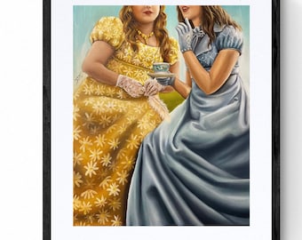 Spill the tea, Art print  from original oil painting of Penelope Featherington and Eloise Bridgerton,regency style best friends art