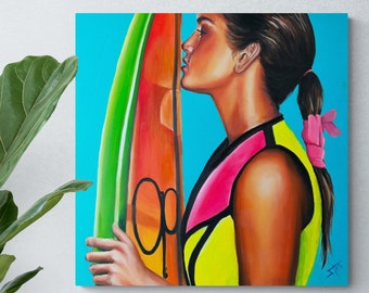 Oil painting original | 90s wall art ,surfer girl |oil and acrylic painting on canvas