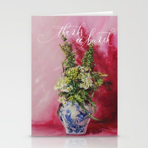 Thanks a Bunch greeting card , chinoiserie blue white vase with wild flowers greeting card