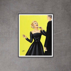 Vintage inspired Art print , retro glamour girl "Life of the party " in black dress on chartreuse background couple art