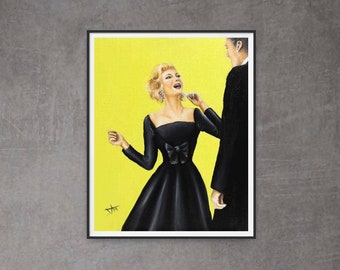 Vintage inspired Art print , retro glamour girl "Life of the party " in black dress on chartreuse background couple art