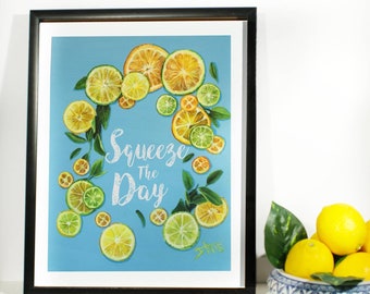 Lemon art print , custom quote e.g:Squeeze the day , Lemon wreath