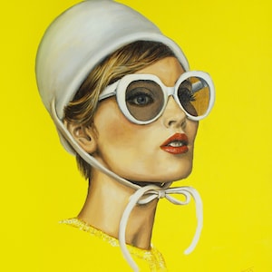 Retro art print of 60&#39;s portrait ,illuminating yellow art , inspired from Audrey Hepburn style