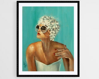 Lámina artística retro de belleza en traje de baño, ilustración de moda playera estilo vintage de los años 50