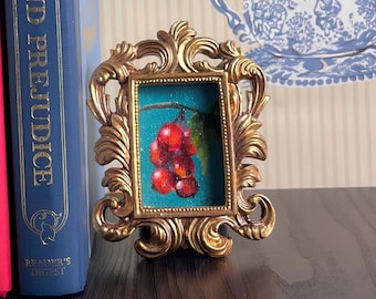 Attualità - Miniatura originale dipinta ad olio in cornice vintage dorata riciclata - Piccola opera d'arte botanica, natura morta dark academia