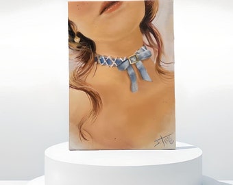 Something Blue | Original oil painting ,small portrait , girl with blue choker