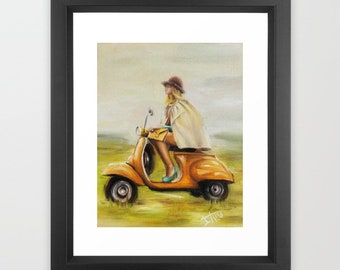 Retro Scooter art print V for Vespa , Vintage wall art, Italian girl freedom and happiness ,women empowerment feminist