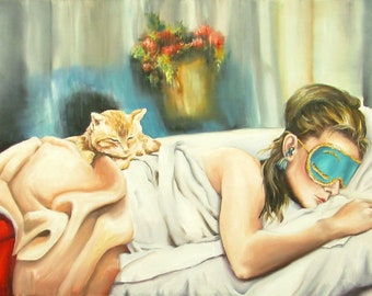 Audrey Hepburn art print Breakfast at Tiffany's Holly Golightly sleeping with eye mask and cat,bedroom wall art