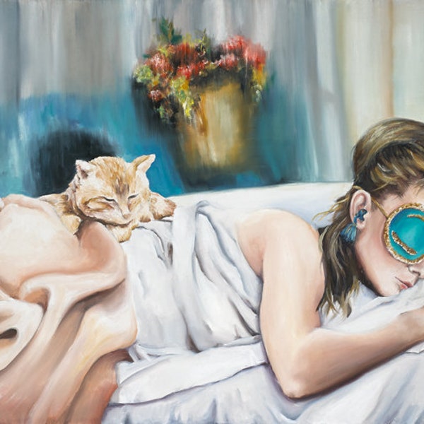 Frühstück bei Tiffany es Leinwand Kunstdruck ,Audrey Hepburn als Holly Golightly schlafend mit blauer Augenmaske und Katze