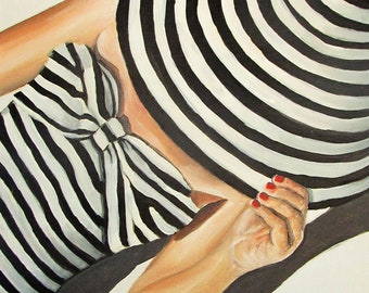 Impresión artística de moda de baño retro: rayas blancas y negras, estilo moderno de mediados de siglo