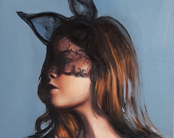 Portrait of Woman in black lace bunny mask | bedroom wall art print