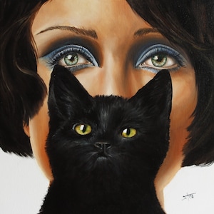 Arte moderna di metà secolo ispirata alla dea egizia Bastet / Stampa artistica di una donna con un gatto nero / Chat noir