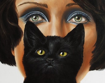 Impresión artística de gato negro: retrato de mujer moderna de mediados de siglo
