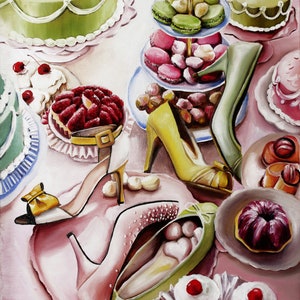 Kunstprint snoepdessert en hakken, door Marie Antoinette geïnspireerde muurkunst en decoratie
