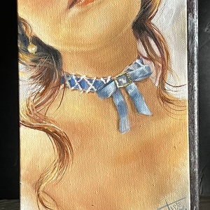 Something Blue Original oil painting ,small portrait , girl with blue choker image 2