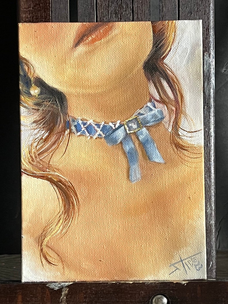 Something Blue Original oil painting ,small portrait , girl with blue choker image 2