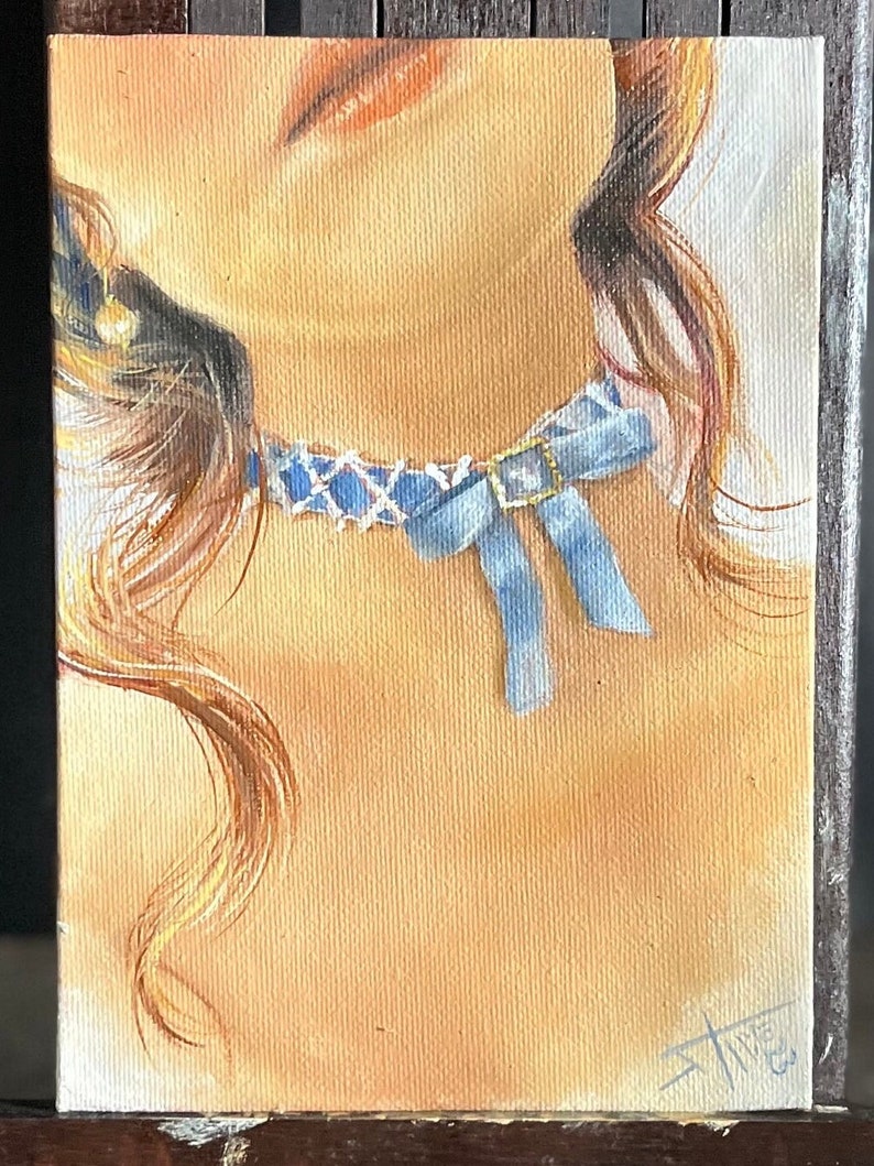 Something Blue Original oil painting ,small portrait , girl with blue choker image 3