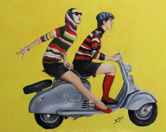 Mid century modern Art Print  | Vogue art print| Retro girls on vespa / scooter | Ride Away