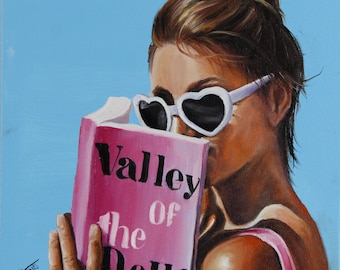 Retro portrait art print bathing beauty reading Valley of the dolls novel