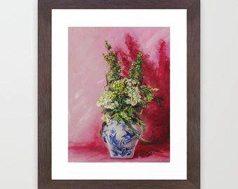 Floral still life art print | Wildflowers in Blue white vase |cottagecore art