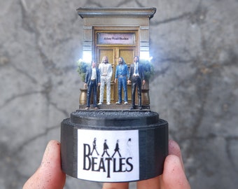 The Beatles front of Abbey Road studios london diorama - Glass Dome  mini figure miniature , sculpture, epoxy clay figurine - USB LED Light