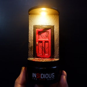 Glass Dome / Cube LED - inspired The Insidious red door Diorama Scene - Bloody Doors - Horror Creepy scary Movie merchandise Gift