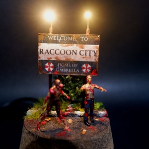 Glass Dome Bienvenue à Raccoon City - Racoon - Mini diorama Zombie - T Virus - scène de film - Resident zombie - Led Lamp powered by USB - Cadeau