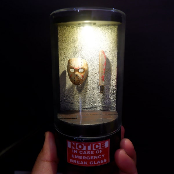 LED lamp Glass Dome - Jason mask and machette  weapon - emergency case- Horor Scene -  Voorhees- Friday 13th - Special  Gift - merchandise