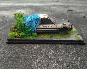 Free sticker - diecast toyota trueno initial d AE86 diorama abandoned rusty miniature doll house hachiroku 1:64 scale - valentine gift