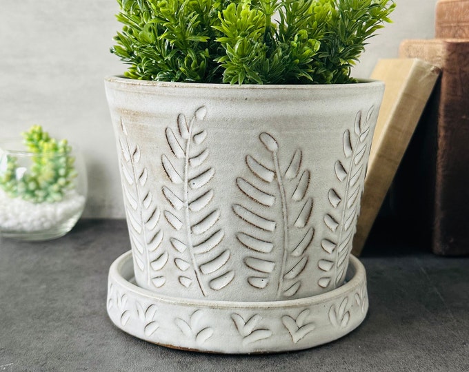 ceramic flower pot with drainage plate, handmade pottery, unique hostess or housewarming gift, farmhouse decor