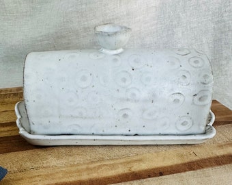 ceramic butter dish, handmade whimsical pottery, unique stamped pattern design