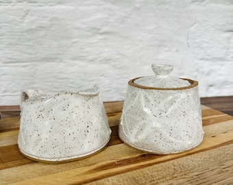 cream & sugar set, ceramic creamer, ceramic sugar jar, farmhouse pottery