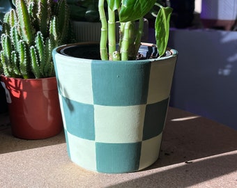 Green checkered painted terracotta pot