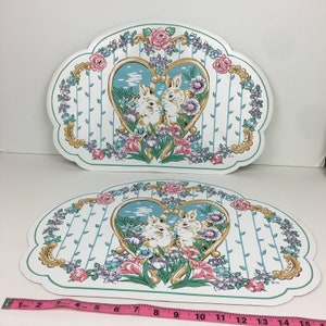 2 Vtg Easter Rabbit Bunny Heart Pastel Floral Easter Placemats Town Country READ