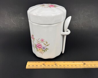 1Vtg 80s FTDA Biały ceramiczny pojemnik na kwiaty z pokrywką Uchwyt na łyżkę Stołowy PRZECZYTAJ