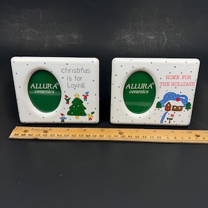 2 Vtg Allura Ceramics Small Tabletop Christmas Holiday Picture Photo Frames Dots