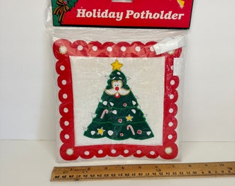 Agarradera navideña vintage sellada, nueva en caja, con forma de árbol de Navidad y cara de Papá Noel, detalles dorados y plateados