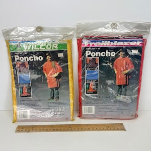 Vtg 2 Vinyl Ponchos Red Yellow in Orig Packaging Prop Trailblazer Wilcor Adult