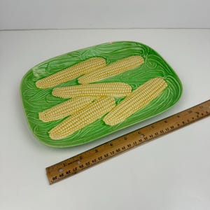 Vtg Ceramic Corn on the Cob Platter Textured Green Yellow Serving Decor Japan