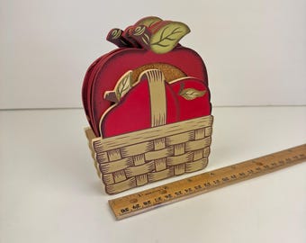 Vintage Set of 4 Red Apple Shape Coasters Wood Cork in Apple Basket Holder Theme