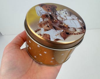 Vtg Boyds Bears Small Gold Round Tin w Stars Christmas Peppermint Candles READ