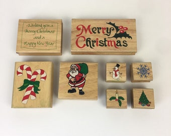 Christmas Holiday New Year Rubber Stamp Lot Merry Christmas Snowflake Tree Santa