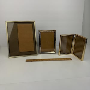 Vtg Lot Tabletop Gold Metal Picture Photo Frames BiFold Hinged Easel Back READ