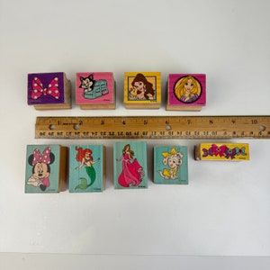 ディズニー ラバースタンプ 9 個 木製マウント ミニー クラブハウス ベル アリエル 塔の上のラプンツェル オーロラ 中古