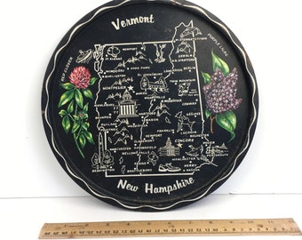 Vassoio rotondo in metallo nero invecchiato, immagine ricordo del Vermont, New Hampshire