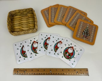 Vtg 11 Christmas Tree Santa Coasters Soft Hard Holiday Decor Wicker Basket READ