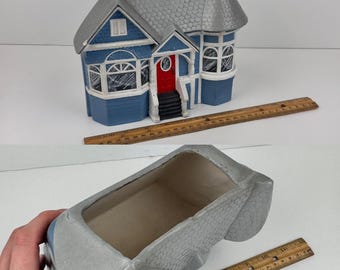 VTG jaren 1970 keramische blauwe handgeschilderde huisgerei houder in Victoriaanse stijl LEZEN: