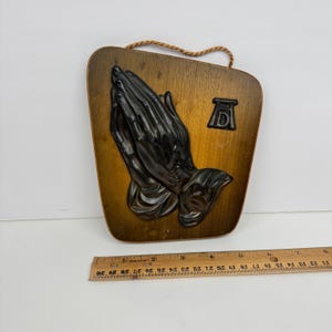 Vtg 1960s Bronze Praying Hands Albrecht Durer Germany on Wood Plaque Religious