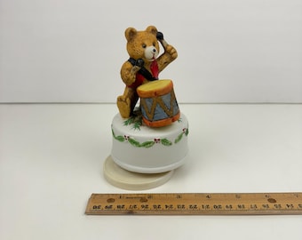 Vtg Christmas Windup Musical Teddy Bear Figurine Jingle Bells Song Ceramic